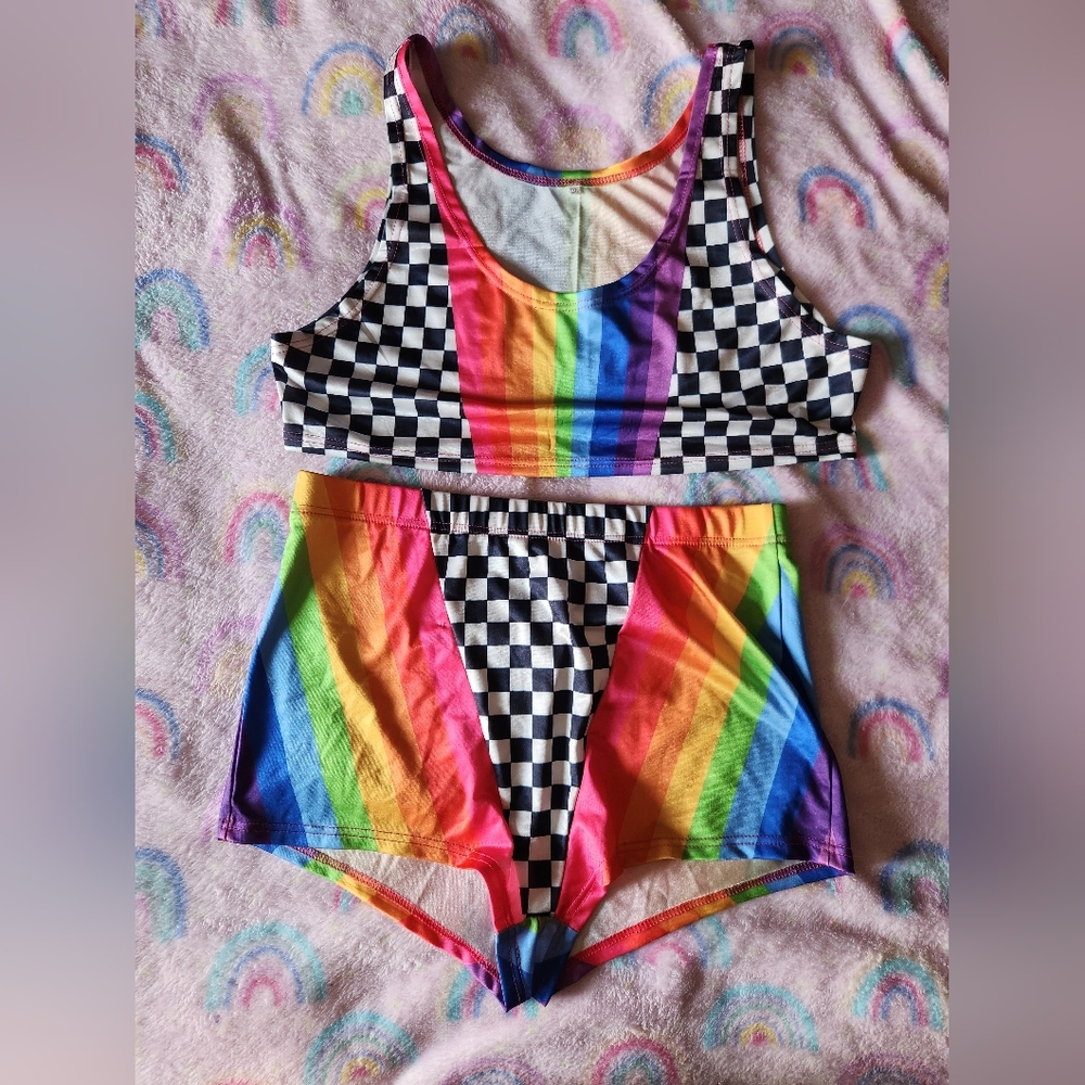 Rainbow & checkered bra & panty set size 2X.